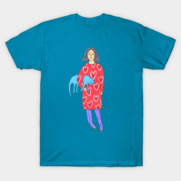 Girl With A Blue Cat T-Shirt by DoodlesAndStuff